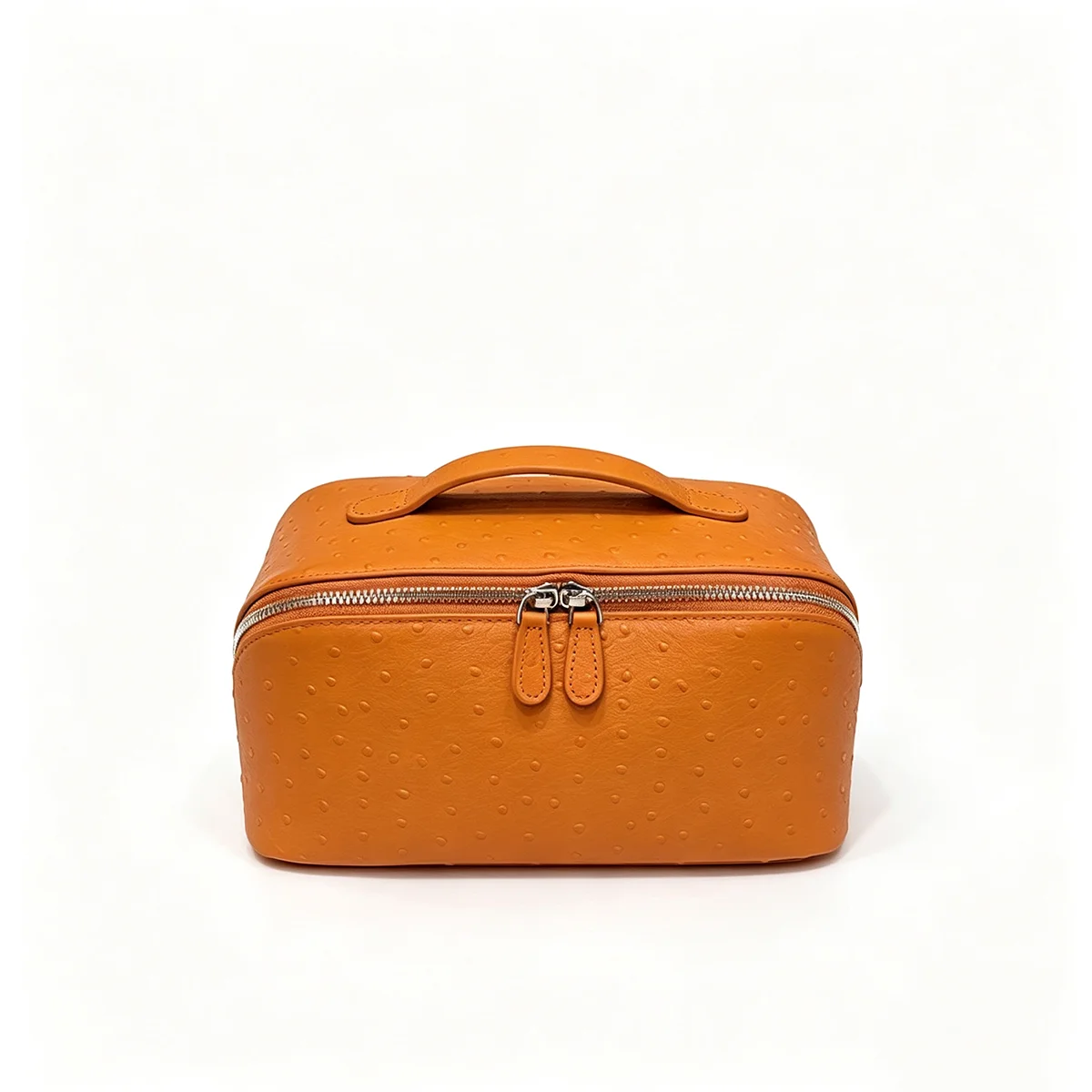 Echte Rindsleder-Kosmetiktasche mit Straußenmuster, Tragbare Reisetasche für Make-up und Toilettenartikel mit Reißverschluss – Detail 4