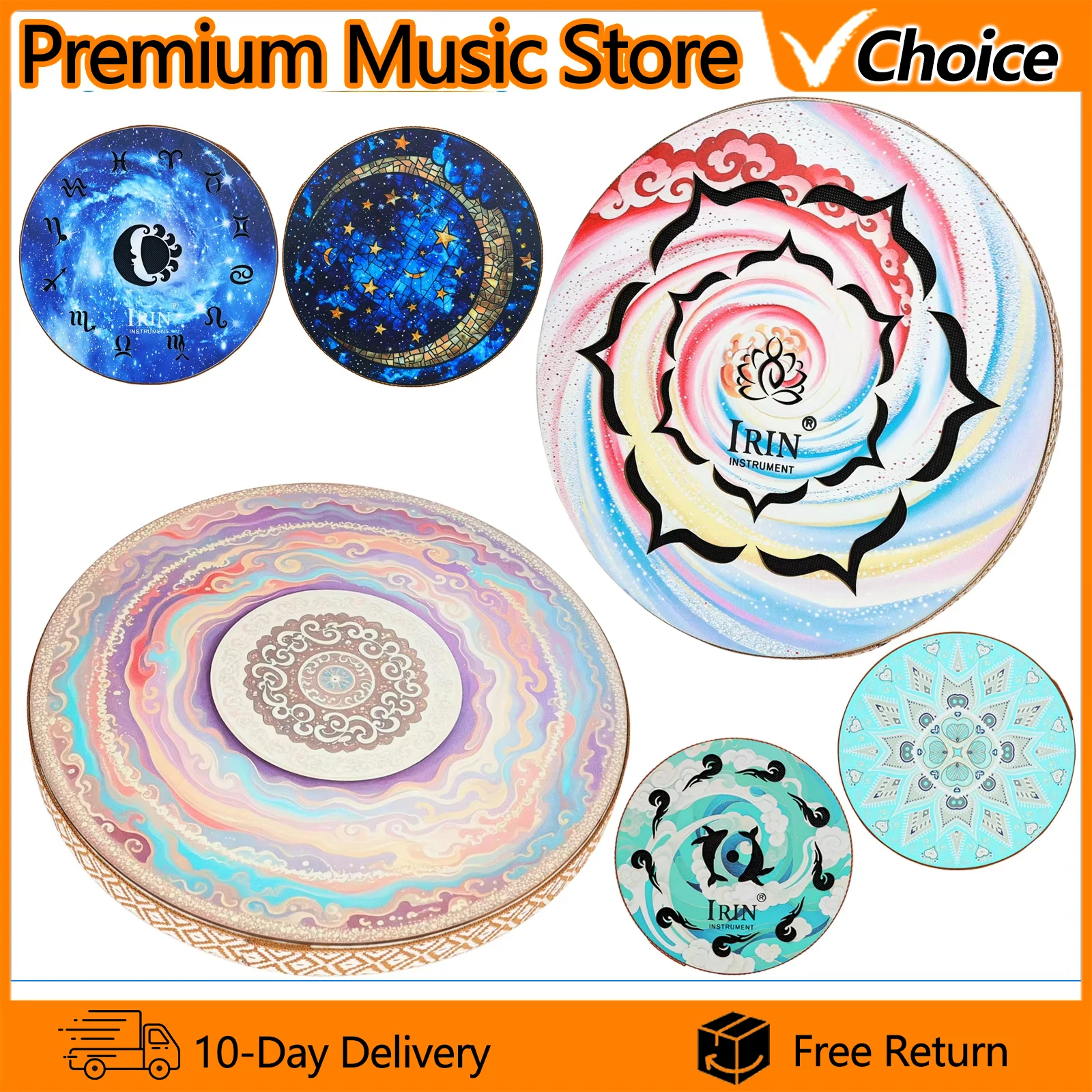 Mini Tambourine 8/10/12 Inch Wooden Handbell Hand Drum Stream Sound Tambourine for Dance Concerts Game Percussion Instrument