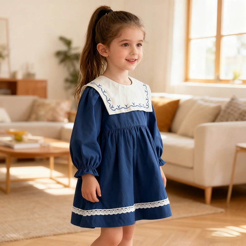 

2025 Autumn New Children Dress Clothes 1-6Yrs Girl Party Dress Long Sleeved Cotton Splicing Kids Princess Sweet Cute Dresses