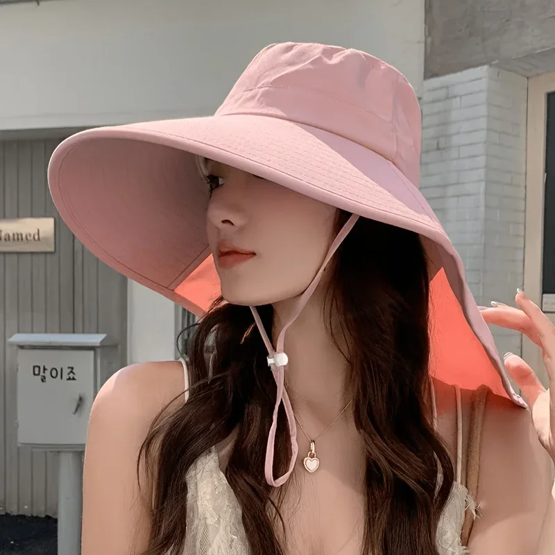 2026 Koreanischer Damen-Sommer-Sonnenhut mit großer Krempe, Nackenschutz, Sonnenschutzhüte, Baumwolle, einfarbig, Fischerhut, Damen-Visiere 모자 – Detail 1