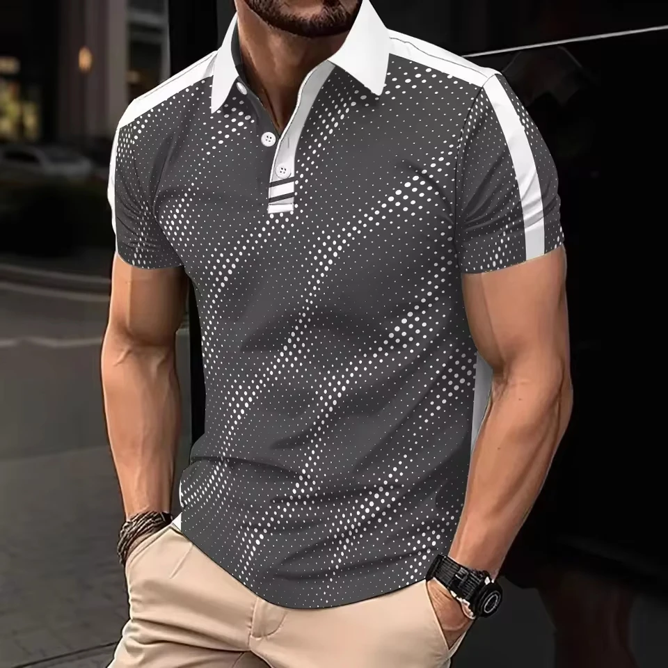 American European New Fashion 2025 Summer Men's Casual Trendy Turn-down Collar Short Sleeve Dot