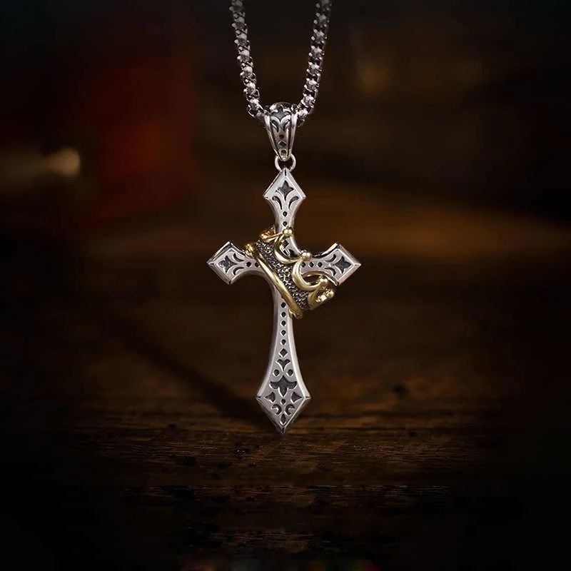 Men Retro Crown Cross Pendant Necklace Gold Plated Thai Silver Hip Hop Street Style Accessories