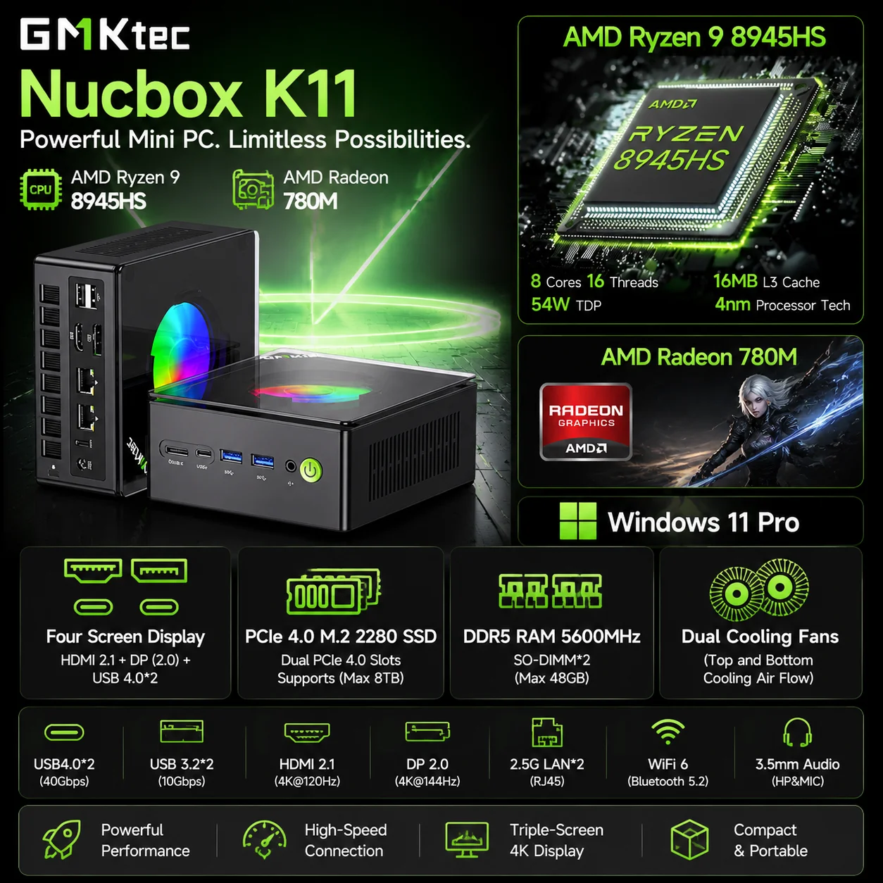 GMKtec Mini PC K11 AMD R9 8945HS Gaming Mini PC 32GB DDR5 1TB SSD Computer PC Mini Computer PC Win11 Pro Gaming PC