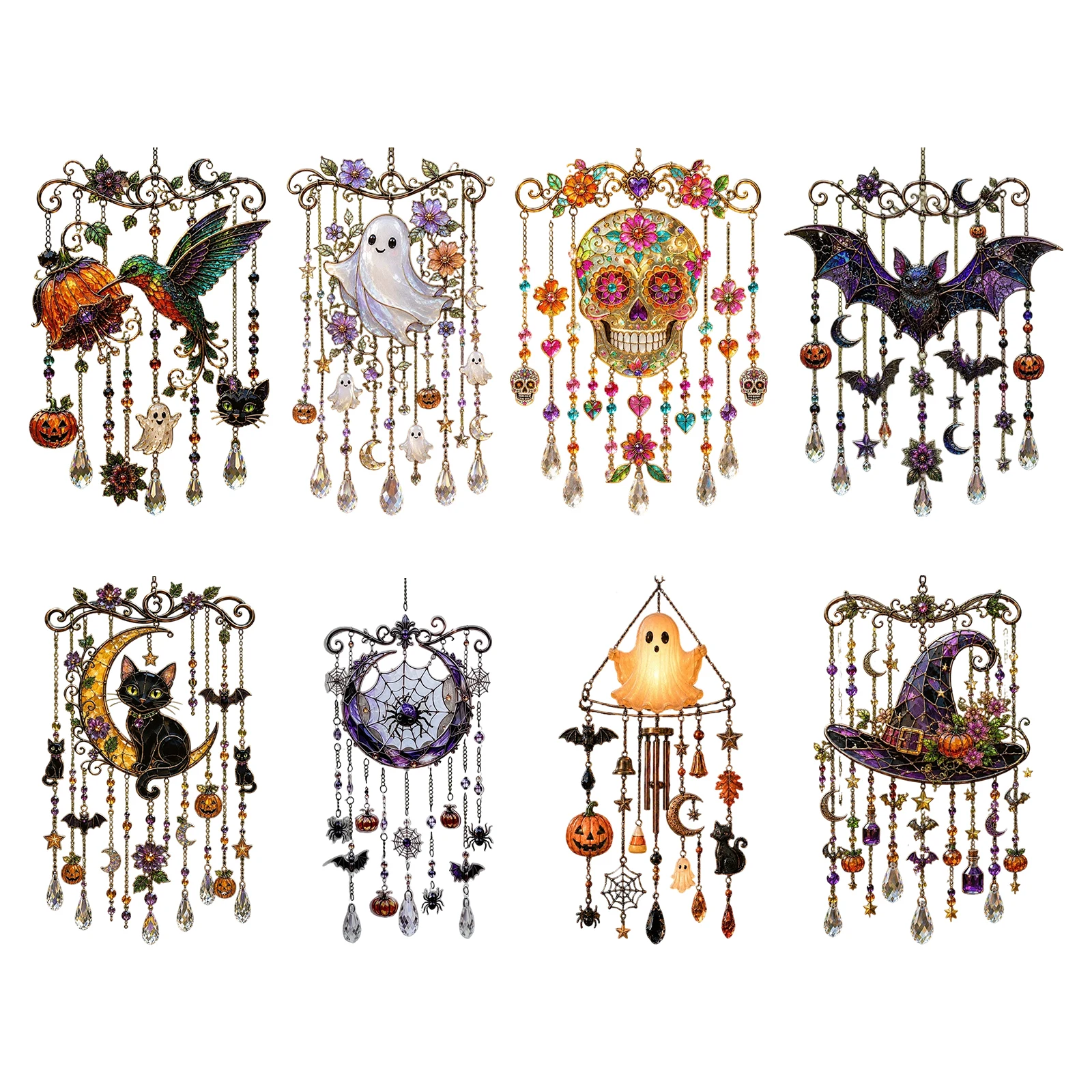 Halloween Acrylic Suncatcher Wind Chime Ghost Pumpkin Bat Skull Window Door Decor 9.45x6.3inch