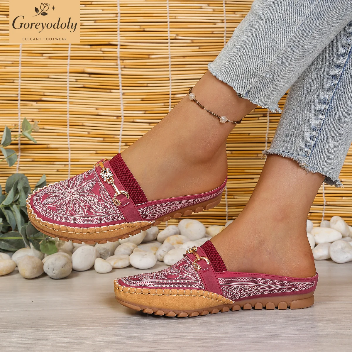 Goreyodoly women mule flats rh - đánh giá và giá Embroidery Print
