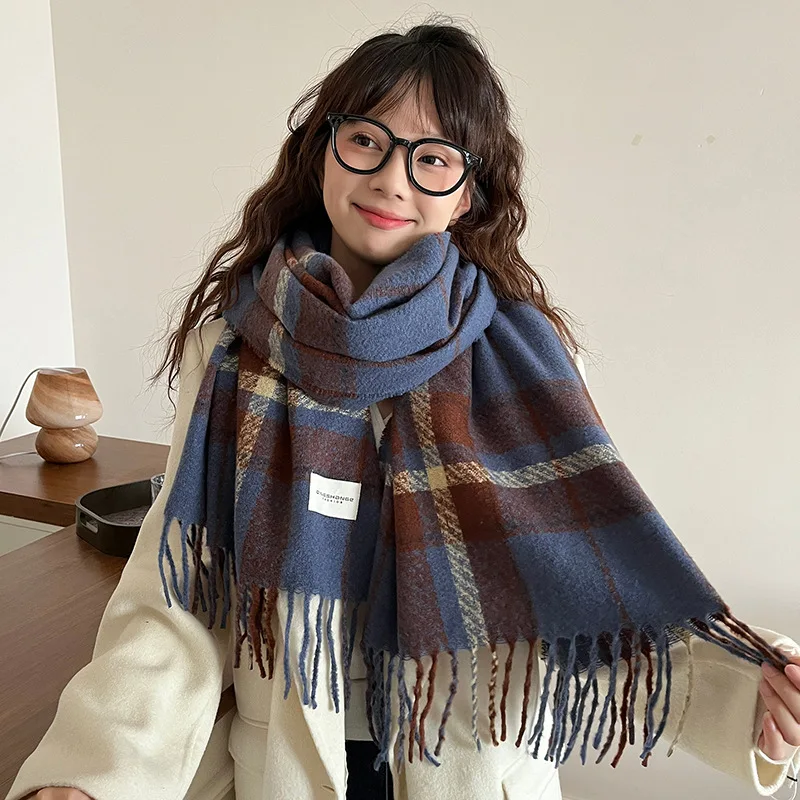 shows white~ Blue-brown plaid imitation cashmere scarf women's winter advanced sense thickened tassel Korean version warm scarf