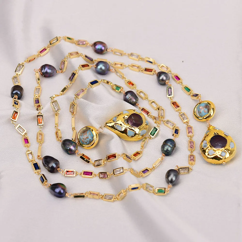 

G-G 55'' Cultured Black Rice Pearl Mixed Color Rectangle Cz Crystal Long Chain Necklace Blue Glass Larimar Pendant
