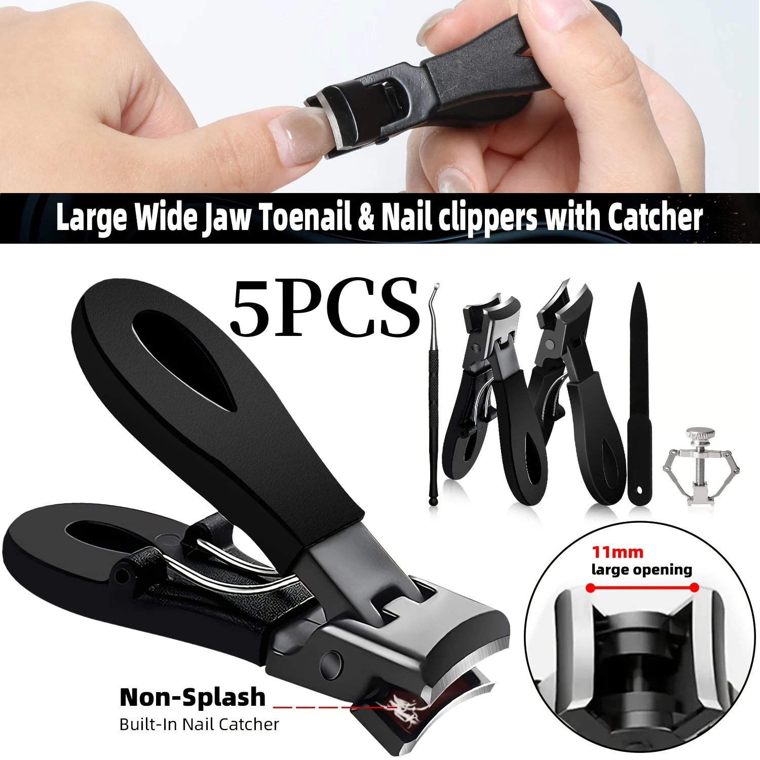 5pcs Stainless Steel Toenail Clippers Set with Ergonomic Handle,Includes Wide Mouth Angled Scissors,Nail File Cuticle Tool