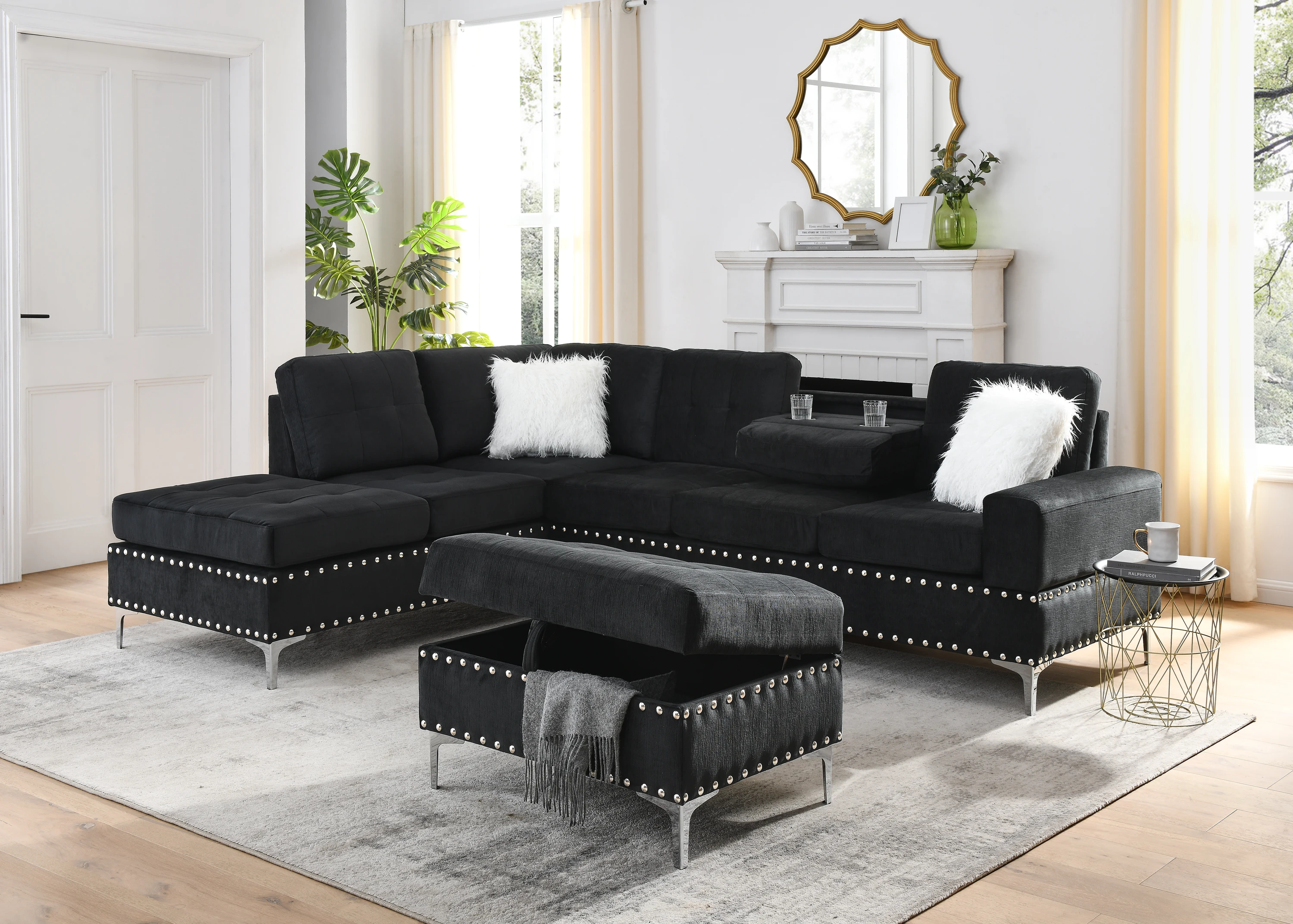 3-Seater Sectional Sofa with Reversible Chaise, Storage Ottoman, Cup Holders, Metal Legs & Copper Nails, 2 White Pillows