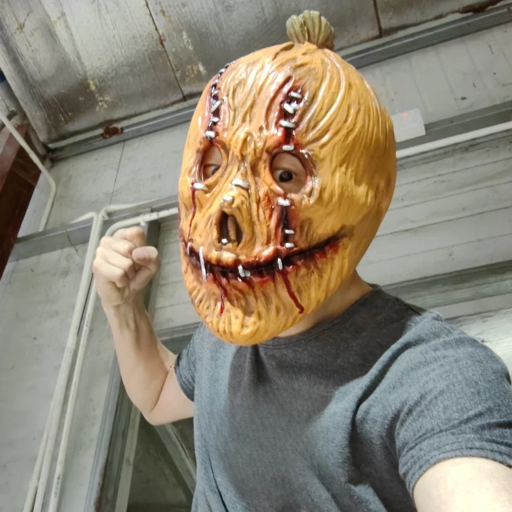 Terrifying Pumpkin Head Scarecrow Mask Horror Halloween Devil Monster Role Playing Cosplay Costume Headband Latex Mask