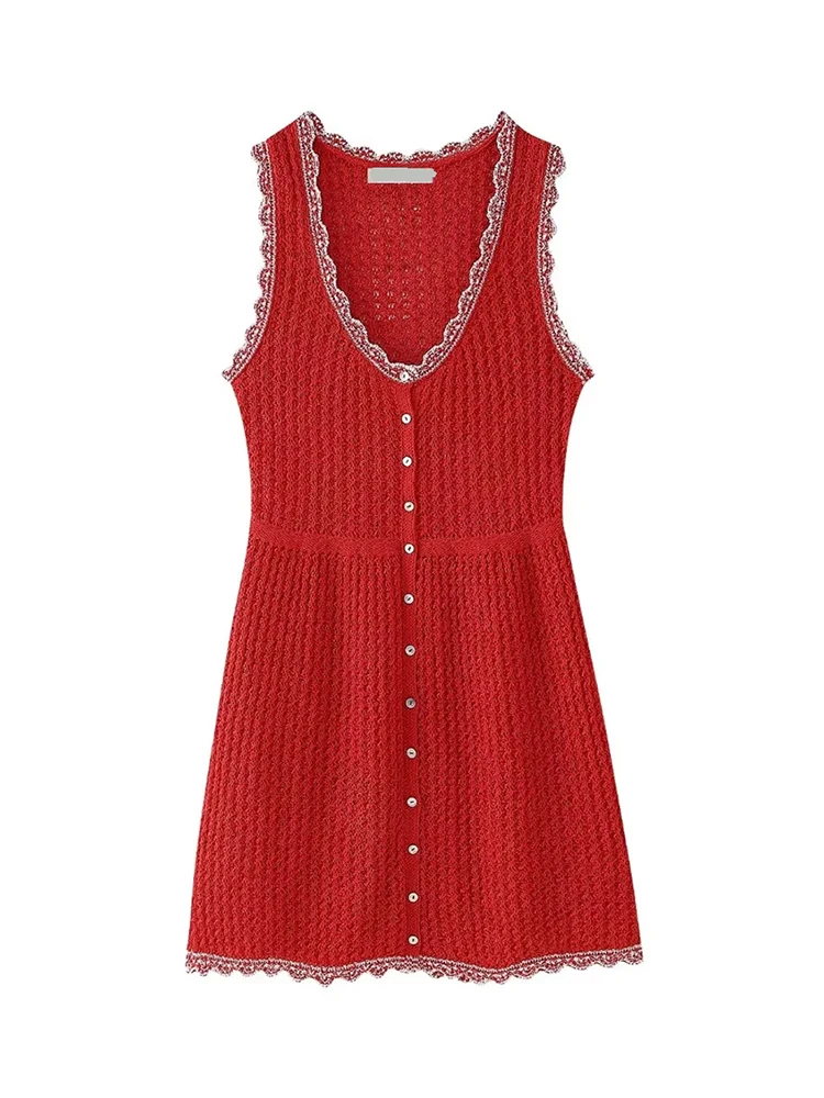 

Women's Casual V-Neck Sleeveless Red Knitted Hollow Out Pullover Dress, Chic Lady Fashion High Waist Elastic Thin Mini Dress