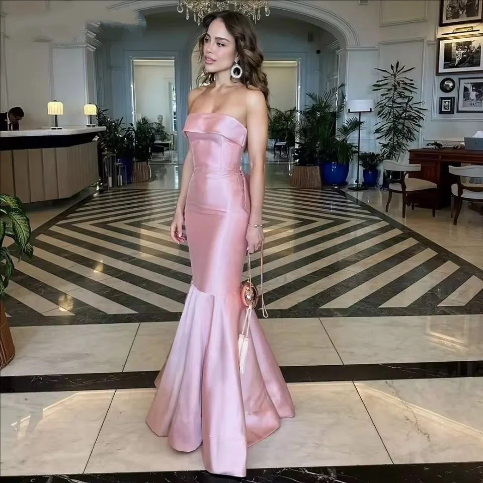 

Sweet Pink Formal Dresses Strapless Sleeveless Formal Occasion Dresses Bow-Back Mermaid Bridesmaid Gown Customized