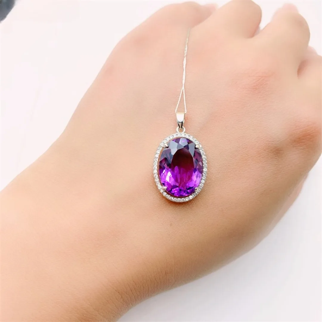 Natural Oval Amethyst Pendant Large Grain Gem Women\'s Necklace Pendant S925 Sterling Silver Inlaid with Japan and South Korea