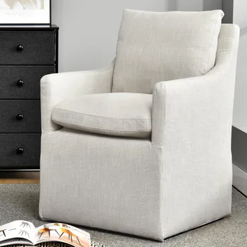 Gepolsterter Esszimmerstuhl, Leinen-Akzentstuhl für Wohnzimmer, einzelner Sofastuhl mit 4 Rollen, gepolsterter Sessel