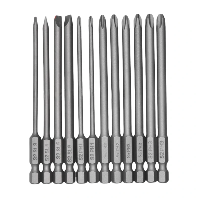 U4LA Alloys Steel 100mm Long Screwdriver Bit Set of 12 with Sandblasted Finish Hexagonal Shank for Power Tool Applications