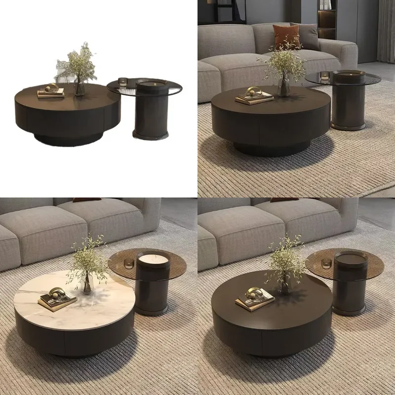Italian Style Sintered Stone Round Coffee Table Minimalist Living Room Storage Tea Table for Small Apartment Modern Home