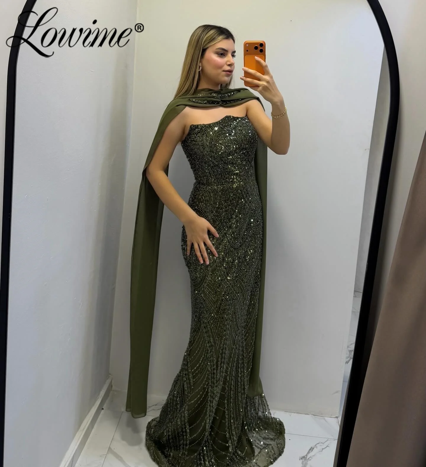 Lowime-Vestidos de noche verdes con cuentas y bufanda, vestido de fiesta sin tirantes para invitados de boda, vestidos largos de graduación, Vestido De Gala personalizado