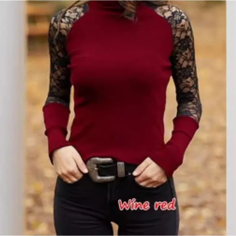 T-shirt da donna Primavera/Estate Nuovo collo alto Casual Lace Splicing Maglietta a maniche lunghe Donna Top