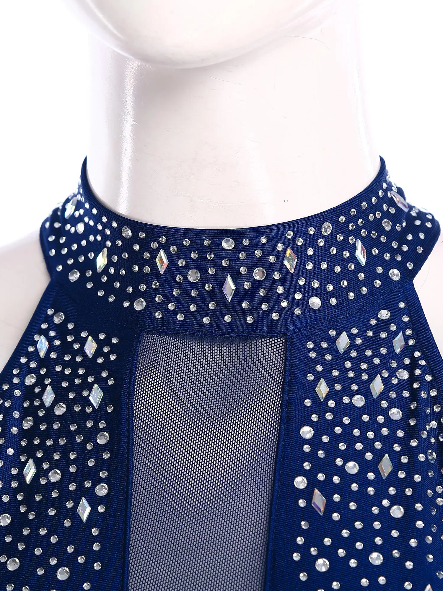جديد إمرأة بلا أكمام الجمباز الشكل التزلج على الجليد بذلة الباليه غنائية Dancewear الراين شبكة غير النظامية متجنب بذلة