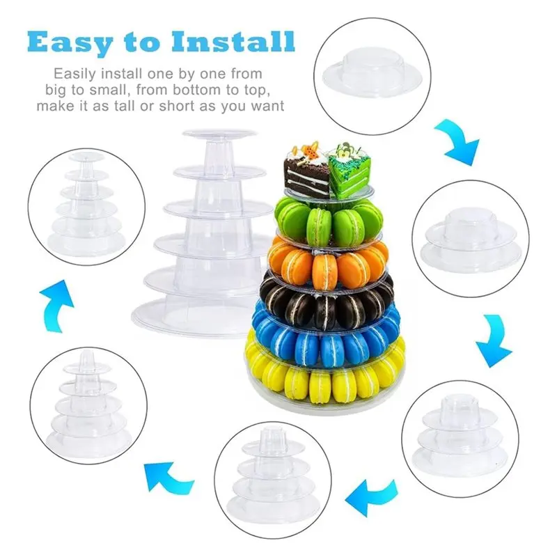A67M-Dessert Platter 6-Tiered Round Transparent Plastic Macaron Tower Stand Cake Display Rack Cupcake Holder