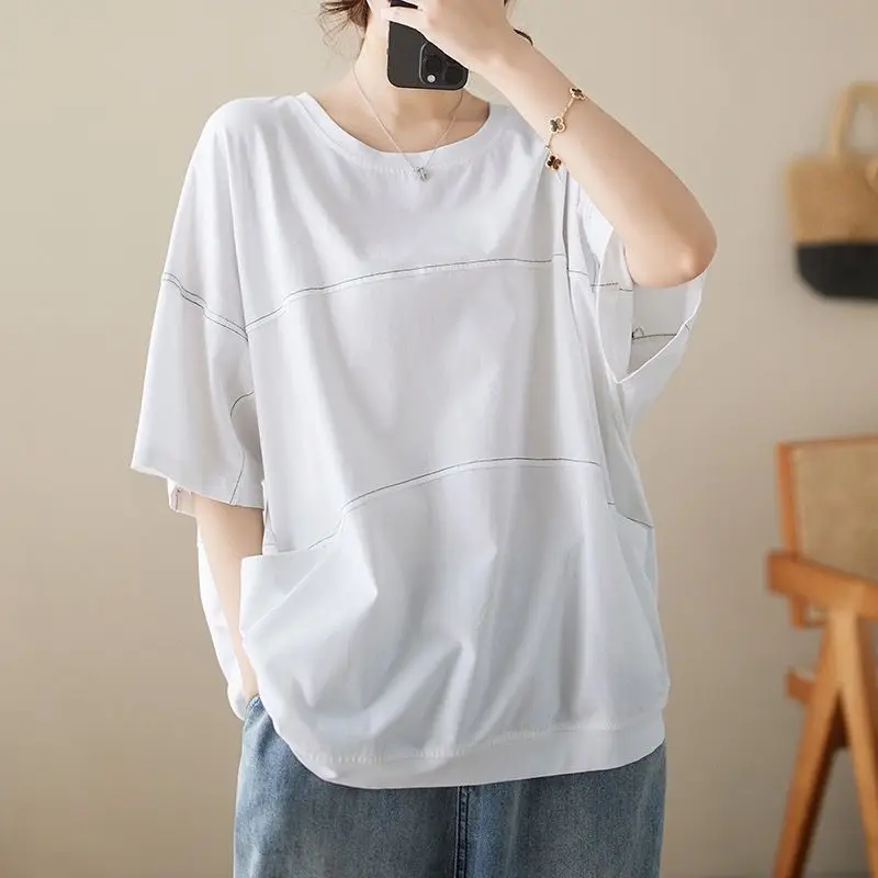 Women's Summer Solid Round Neck Pullover Pocket Patchwork Short Sleeve Loose T-shirt Casual Fashion Office Lady Vintage Tops