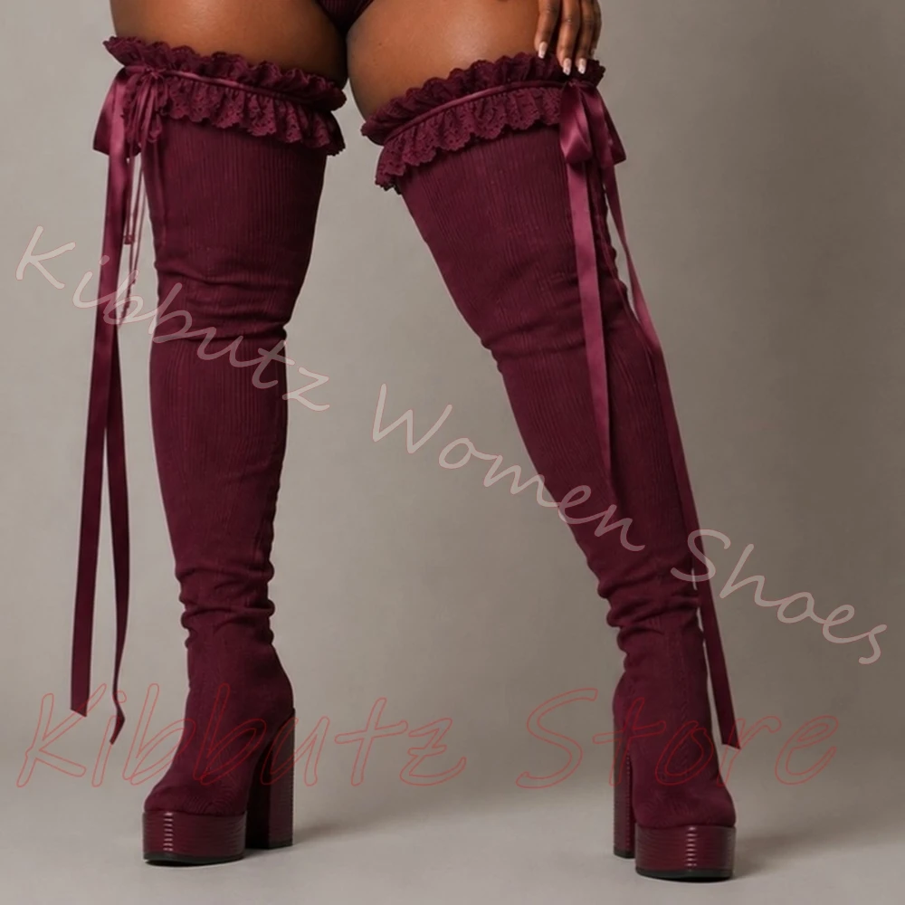 Over The Knee Platform Boot Ruffle Lace Trim Satin Leather Tie Bow Ribbon Chunky Heel Round Toe Party Women Footwear Elegant New