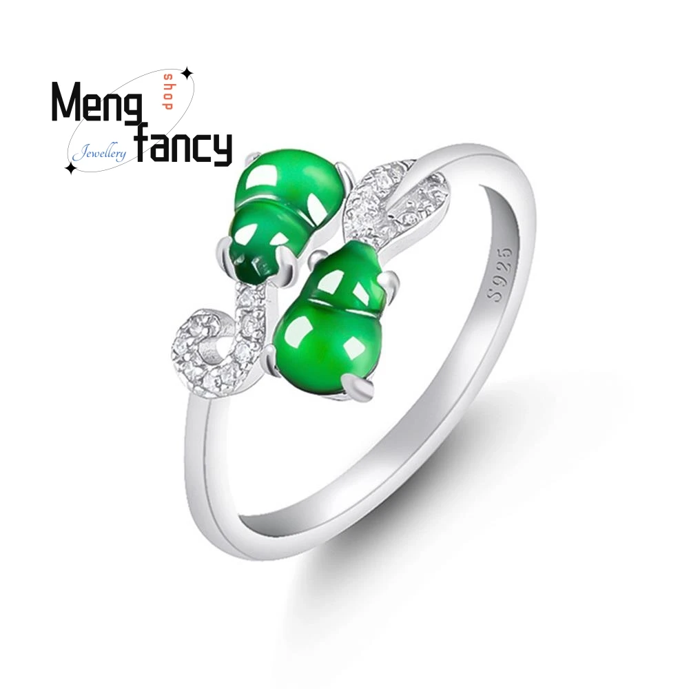 

S925 Silver Inlaid Natural A-goods Jadeite Double Gourd Yang Green Ice Jade Ring Adjustable Couple Luxury Fashion Charms Jewelry