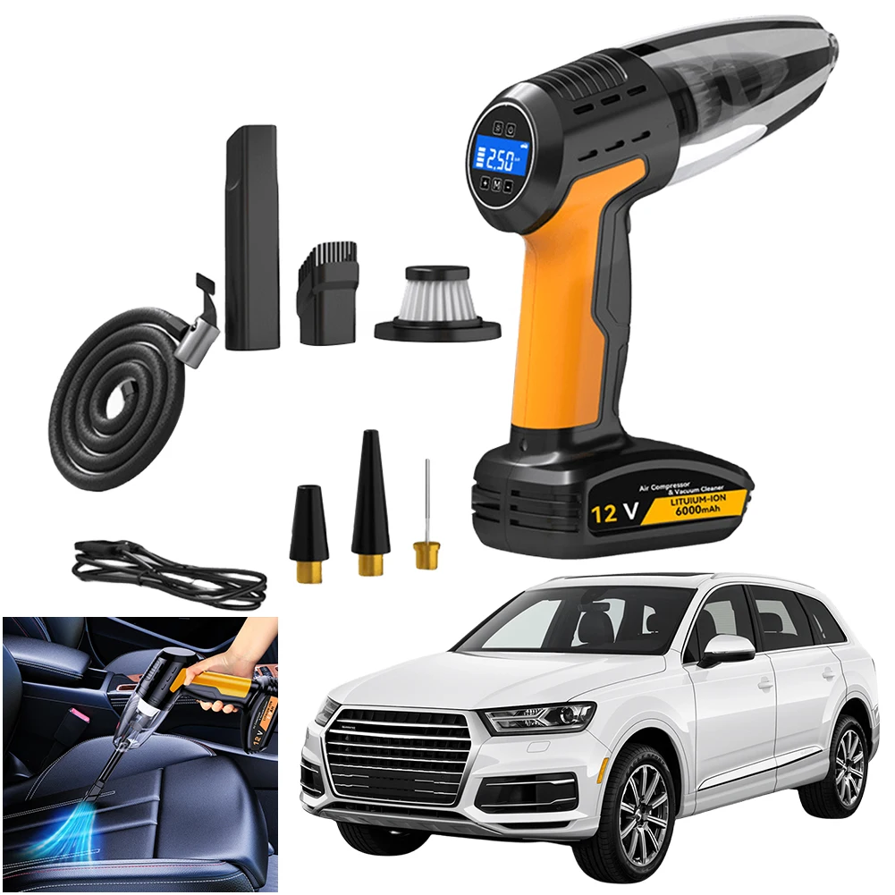 

Car Vacuum Cleaner Cordless Tyre Inflator Tire Pressure Gauge Wireless Air Duster Strong Suction for Car Bicycle Inflatable