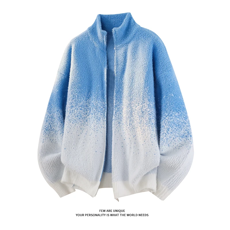 

Oversized Stand Collar Jacket Men Women Gradient Dip Dye Coat Multiple Colors Casual Streetwear Plush Outerwear