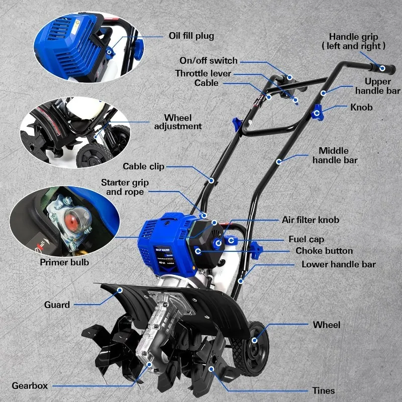 home.46cc 4-Cycle 1.9HP مزارع الحراثة التي تعمل بالغاز - 16 بوصة عجلات فولاذية شديدة التحمل، عجلات قابلة للتعديل وعلامة