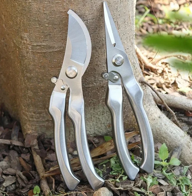 All Steel Garden Pruning Shears, Automatic Rebound Elbow Pruner & Fruit Picking Scissors Set, Durable Gardening Tool