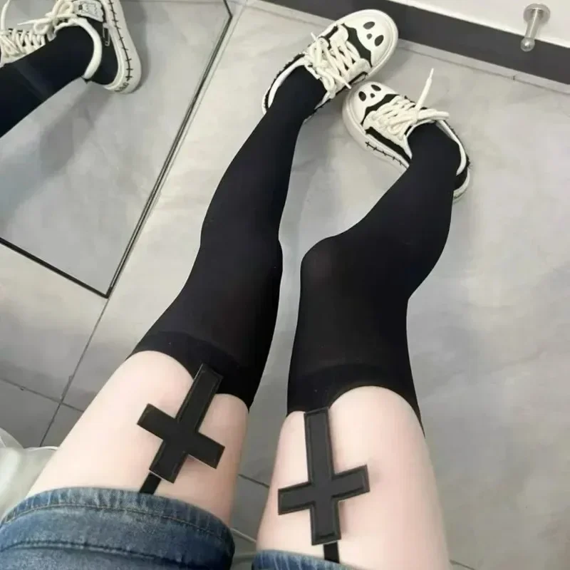 Y2k Gothic Cross Stockings Women Suspender Thigh High Socks Over Knee Japanese Black White Hosiery Sexy Belt Lolita Pantyhose view 5