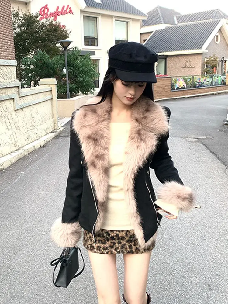 Y2k خمر مقاوم للماء المنك سترة معطف المرأة الشتاء الأسود معطف قصير المرأة موتو و السائق القوطية الشارع الشهير الملابس سترة #2