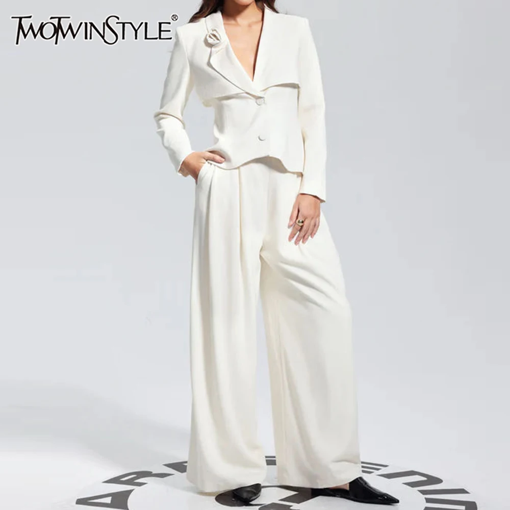 

TWOTWINSTYLE Solid Fashion Two Piece Sets for Women Lapel Long Sleeves Patchwork Single Breasted Top High Waist Pant Female New