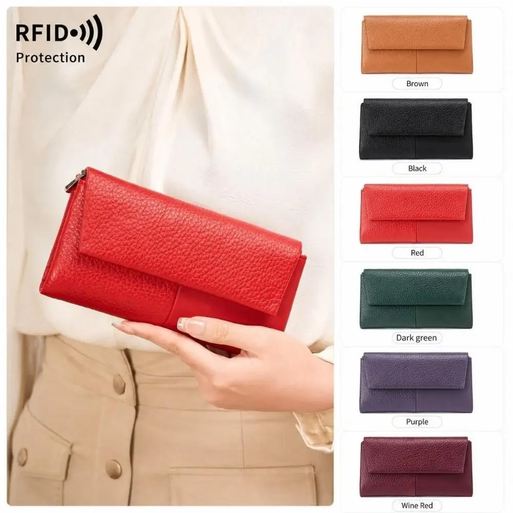 Simple Long Women's Wallet Multi-Pocket RFID Blocking PU Leather Clutch Portable Tri-Fold Wallet For Women
