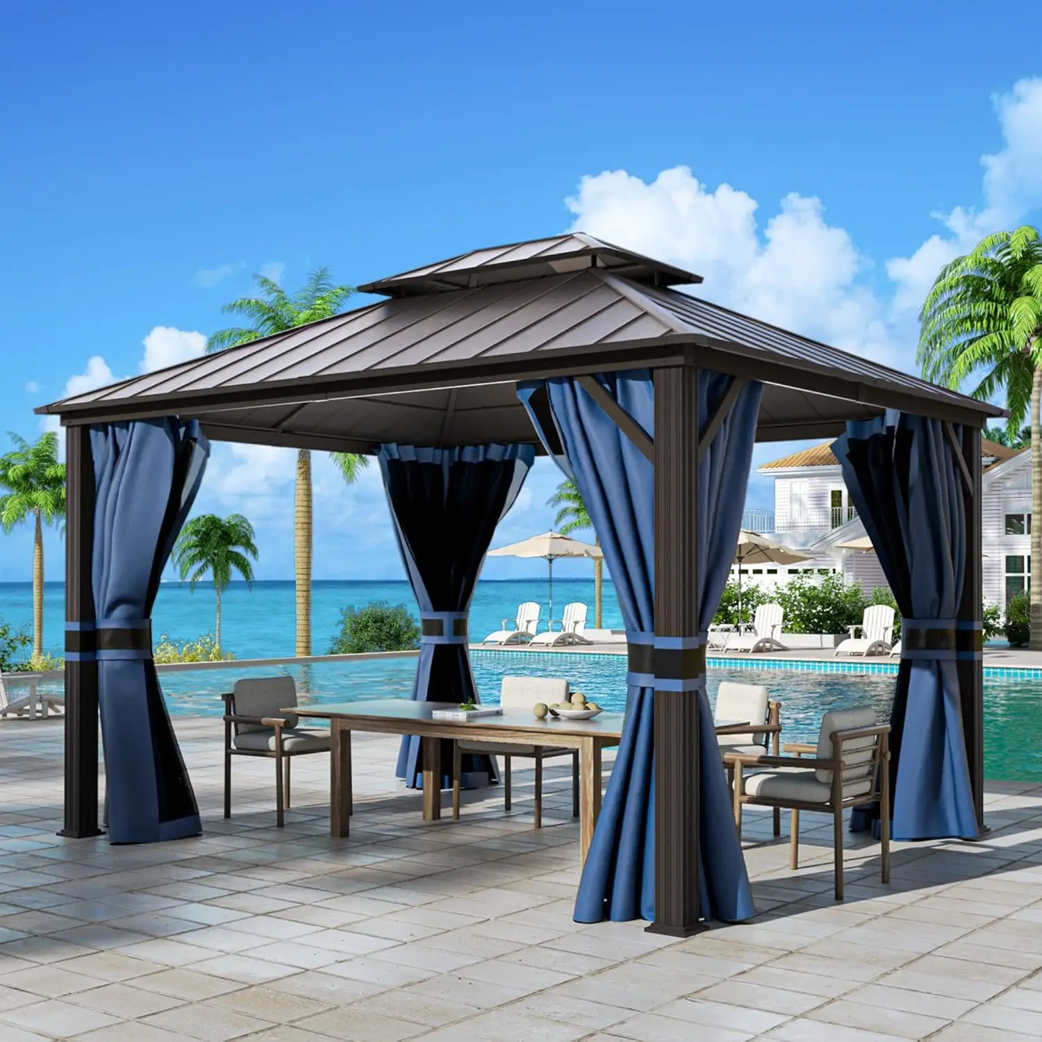 

10' x 12' Hardtop Gazebo, Outdoor Aluminum Gazebo with Galvanized Steel Double Roof, Permanent Metal Canopy with Curtains and Ne