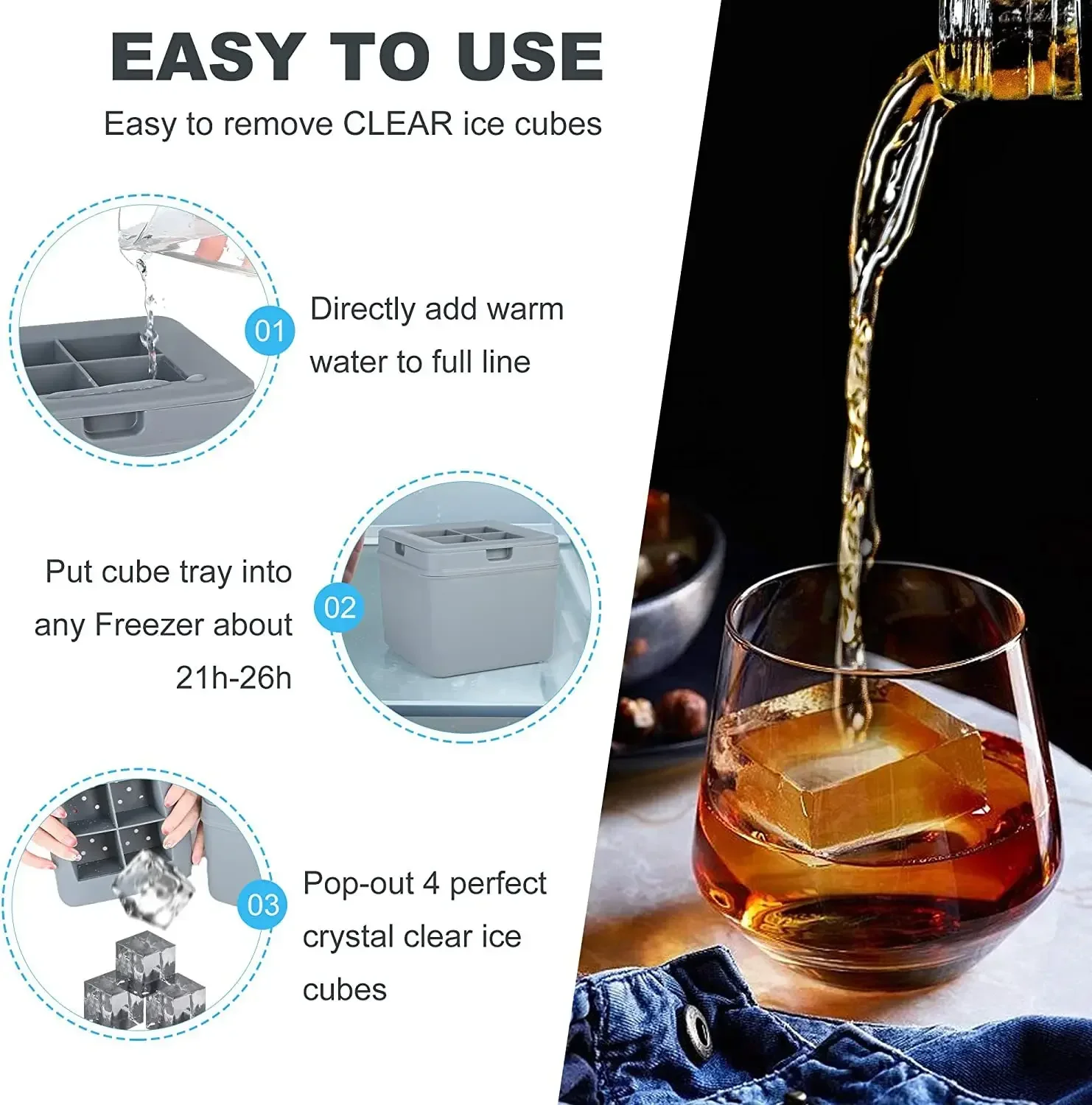 4 Large Square Crystal Clear Ice Cube Maker Easy Release BPA Free Silicone Cocktails Drinks Whiskey
