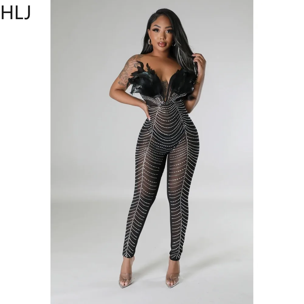 HLJ Sexy Feather Luxury Rhinestone Bodycon Jumpsuits Women Mesh Sleeveless Slim Party Nightclub Rompers Female One Piece Overall