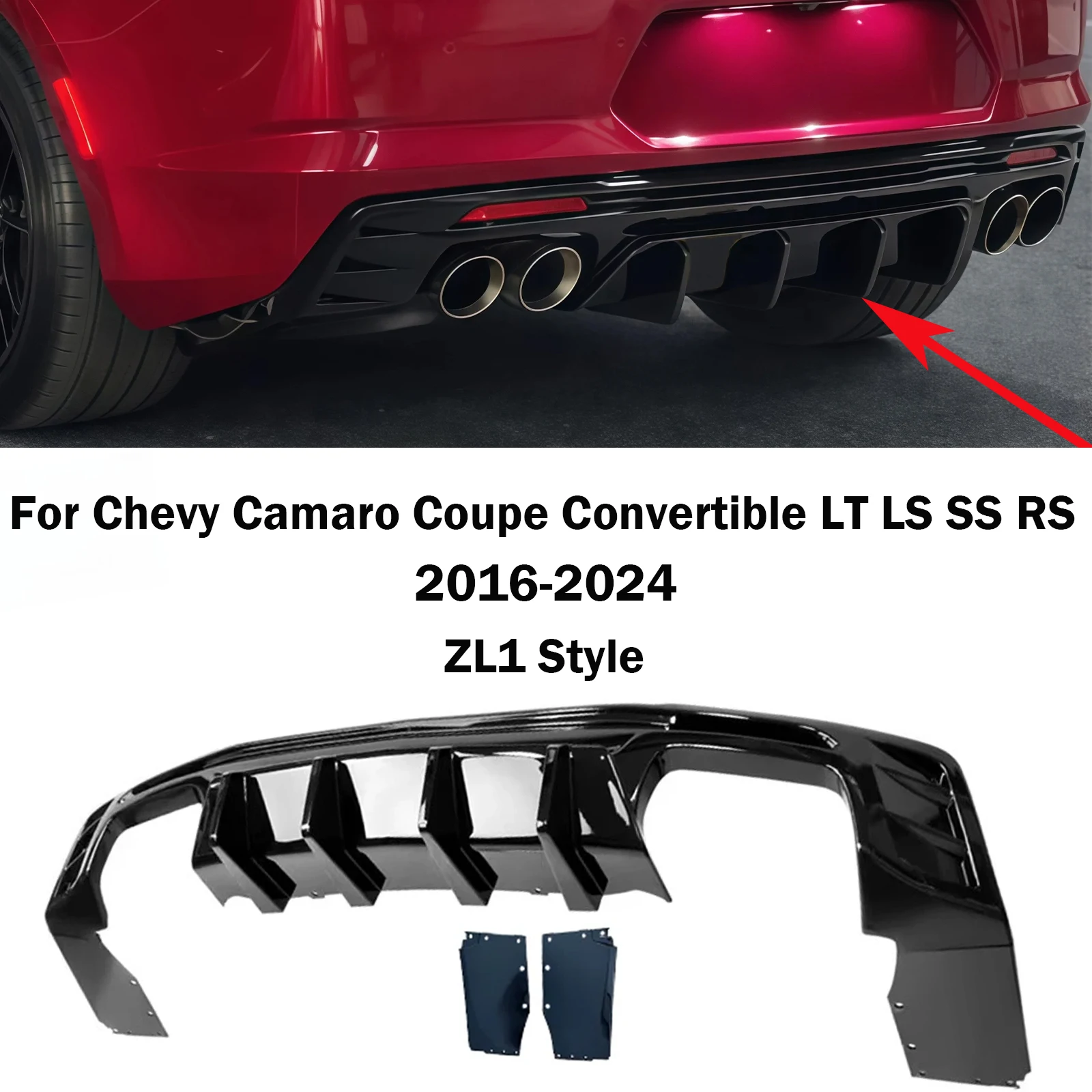Alerón divisor de parachoques trasero para Chevy Camaro Coupé Convertible LT LS SS RS 2016-2024 estilo ZL1 con apariencia de carbono en negro brillante.