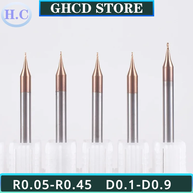 HC HRC55 2-blade ball end milling cutter 0.1-0.95mm R0.05-R0.45 TiCN coated mini milling cutter 4mm shank