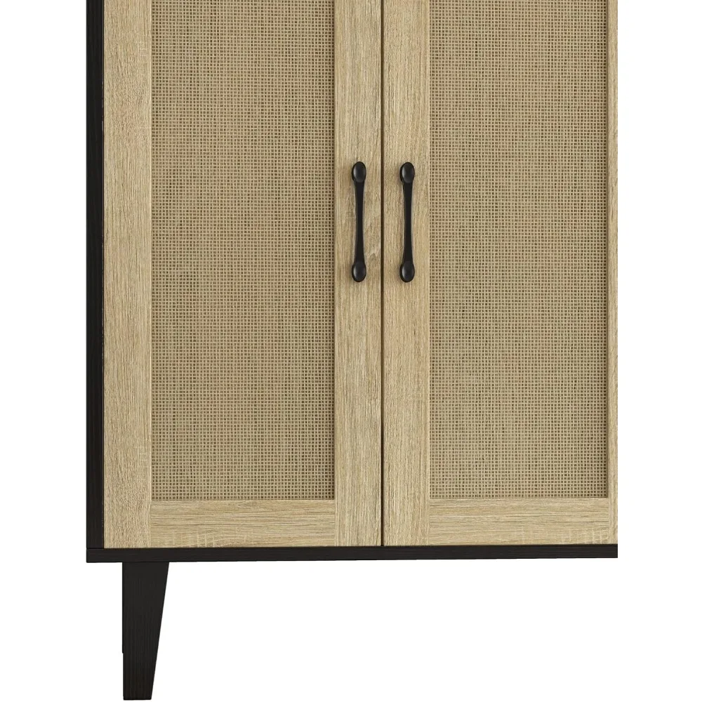 خزانة تخزين بوفيه بانانا مزينة بالروطان مع 4 أبواب لغرفة المعيشة والمطبخ، 48.43 × 34.65 × 15 باللون الأسود