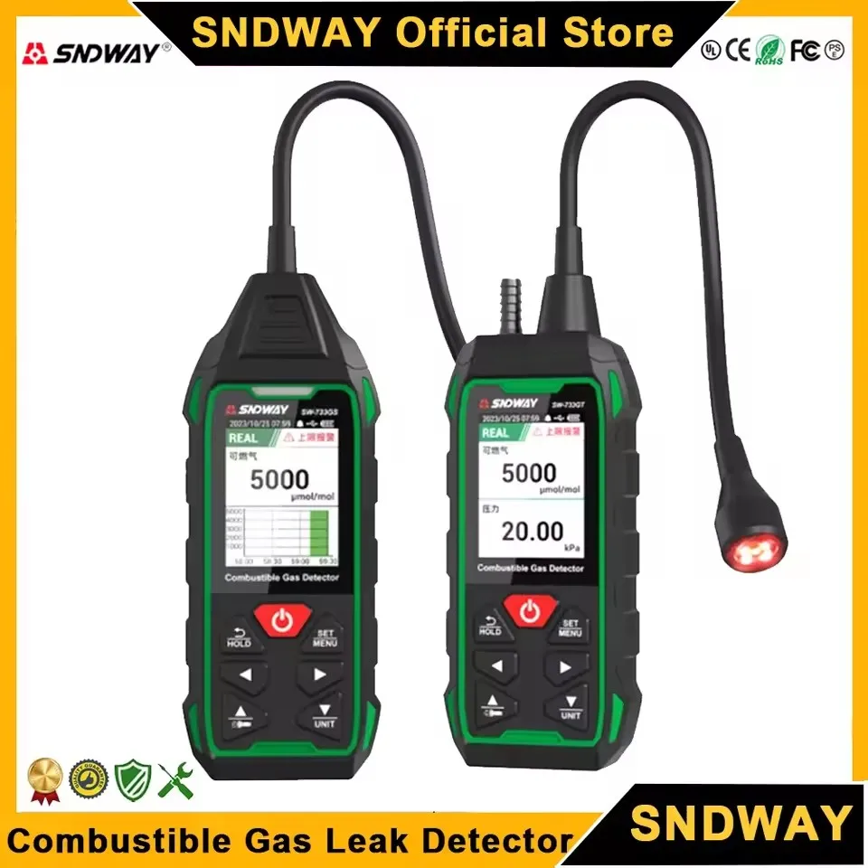 SNDWAY SW-733GS/GT كاشف تسرب الغاز القابل للاحتراق إنذار الغاز الطبيعي غاز البترول المسال الميثان الأيزوبوتان 10000 جزء في المليون أومول مول