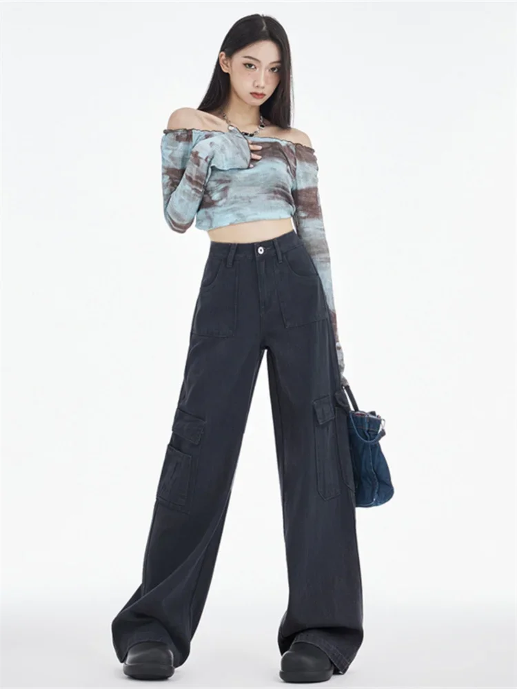 QWEEK Y2K Vintage Black Cargo Pants Women Korean Fashion Retro Beige Wide Leg Trousers Oversized Streetwear Basic Pantalones