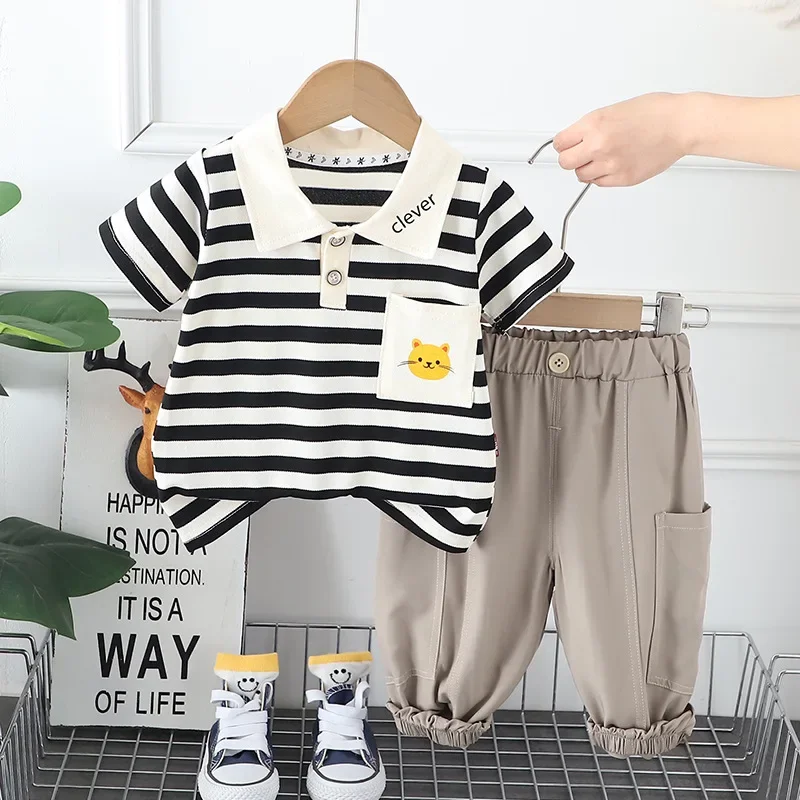 

Toddler Boy Summer Outfit 2024 Korean Fashion Cartoon Striped Printed Short Sleeve T-shirts Tops and Shorts Kids Boys Tracksuits