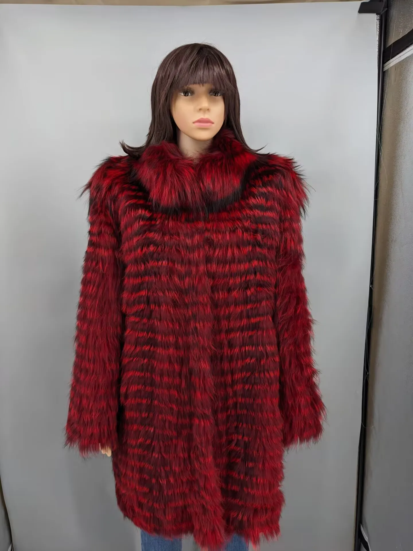 Women's Striped Real Silver Fox Fur Coat, Long Cardigen with Wool Lining, Big Size Clothes, Elegant Outwear, Spring, Lux18A09164