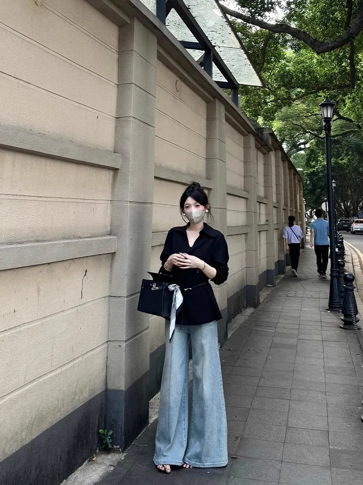 

Ele V-Ne Long Sve irt Women's Faion Versatile Pure Color Slimming Top Autumn 2025 New Sle Casual Straight Cut