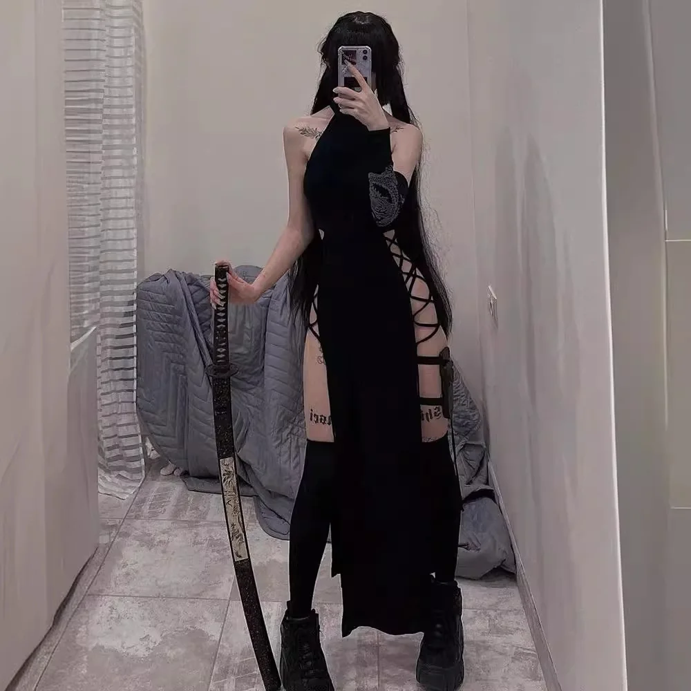 

Halter Lace Up Gothic Midi Dress Women Cut Out Side Sleeveless Double Slit Bodycon Vestidos Dress Sexy Club Outfit Party Dress