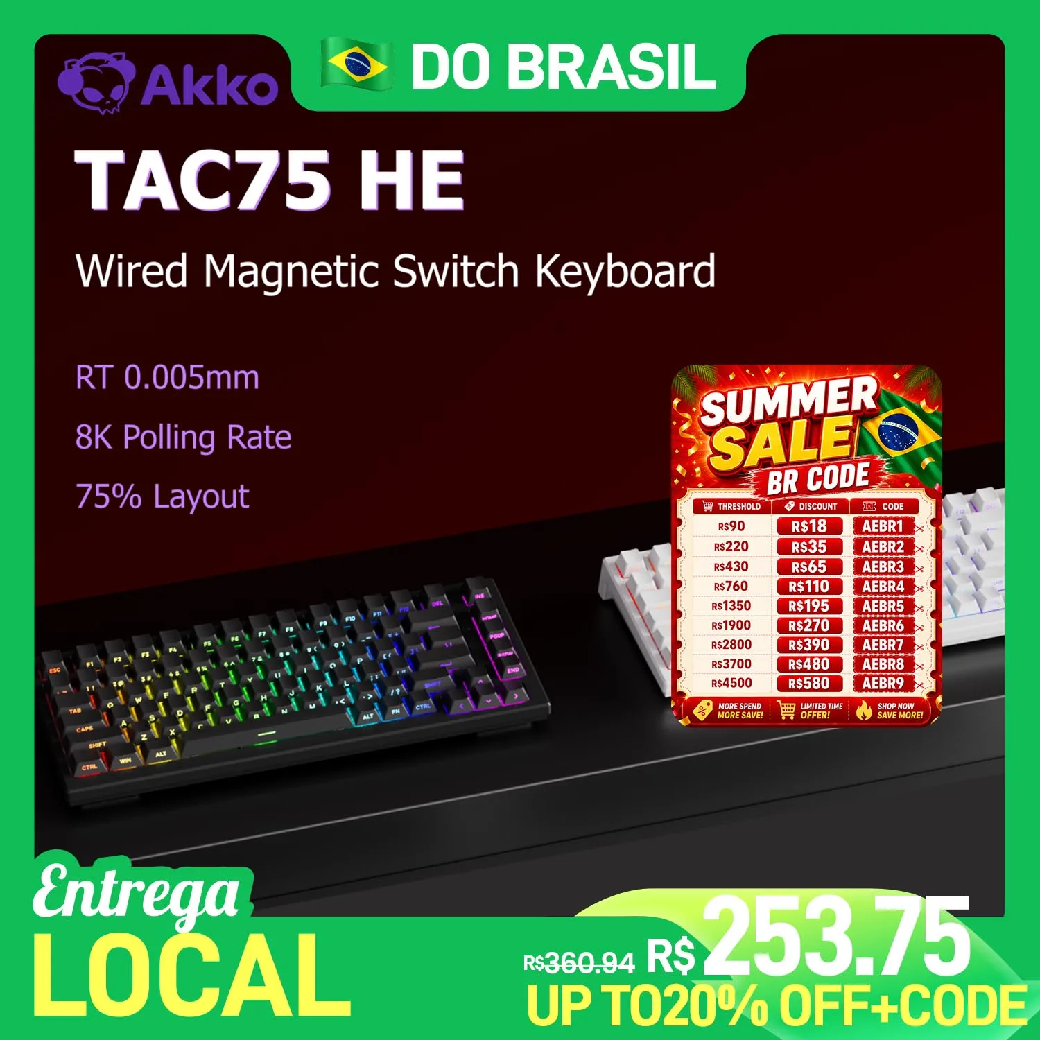 Teclado Magnético Akko TAC75 HE 75% com Gatilho Rápido de 0,005mm, RGB, Taxa de Polling de 8K, Teclado Mecânico com Fio para Jogos Esportivos para Gam