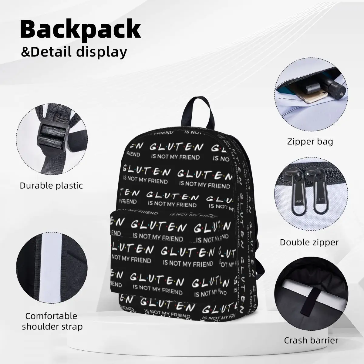 Mochilas de Grande Capacidade para Crianças, Bolsa de Livro Estudante, Bolsa de Ombro, Mochila de Viagem, Mochila Escolar, Get Free-Glúten Não é Meu Amigo