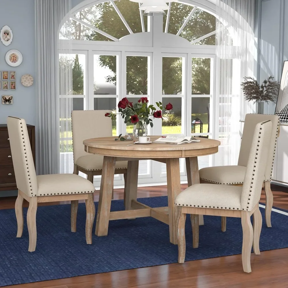 

5-Piece Round Dining Table Set, Wood Farmhouse Round Extendable Dining Table and 4 Upholstered Dining Chairs for 4 Person